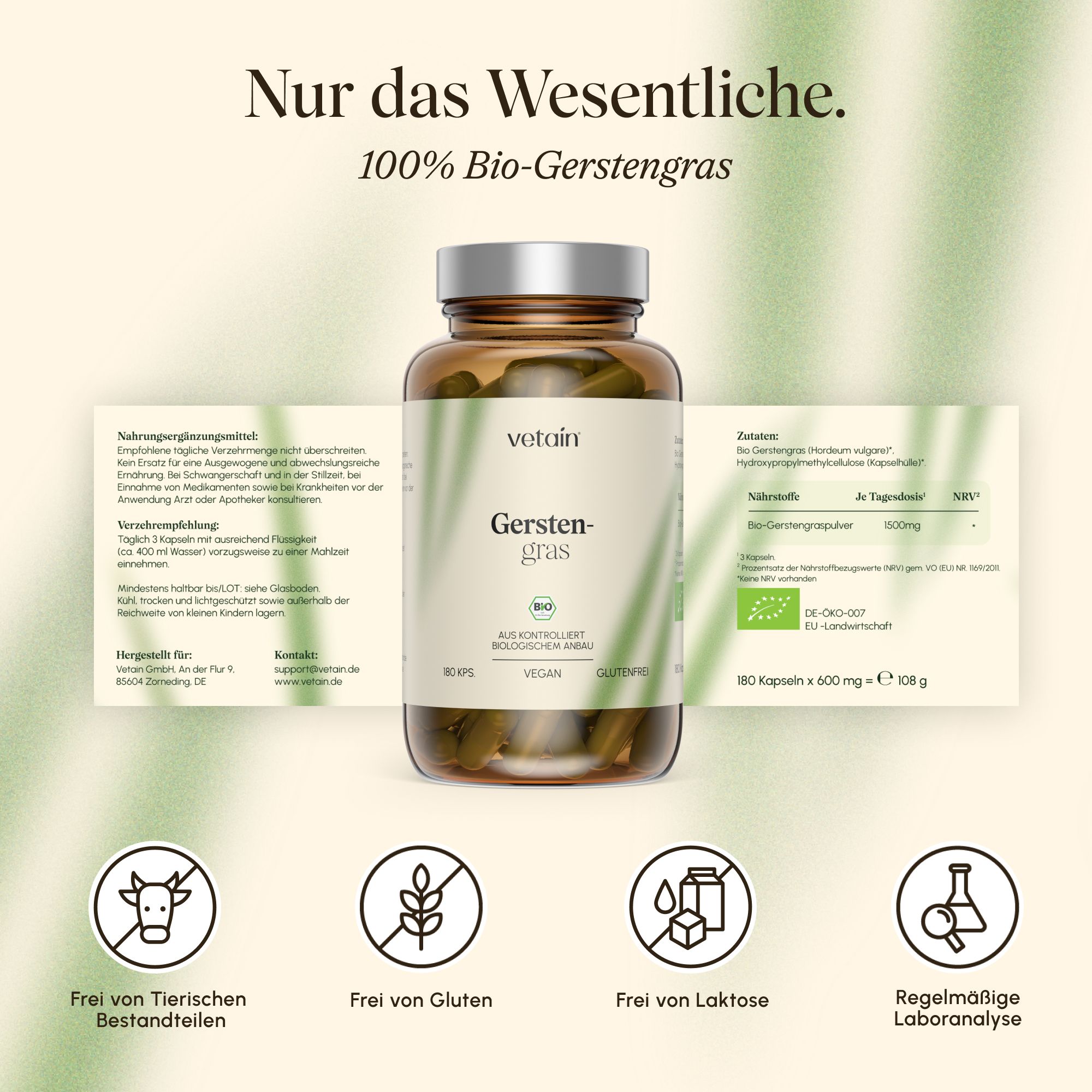 VETAIN Bio Gerstengras Kapseln: Braunglasflasche mit Etikett, Beipackzettel und Siegeln.