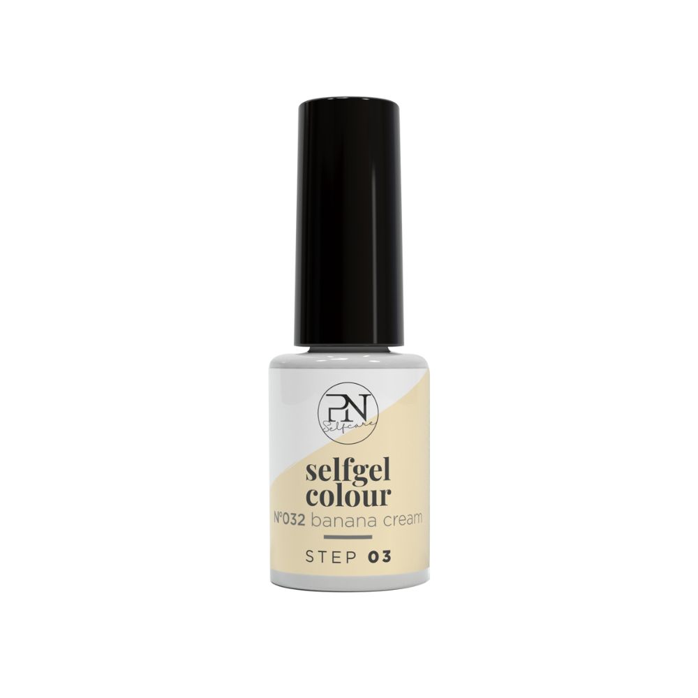 Flasche PN SelfGel, Farbe N32 Banana Cream. Schwarzer Deckel, cremefarbene Basis. Aufschrift: selfgel colour, STEP 03.