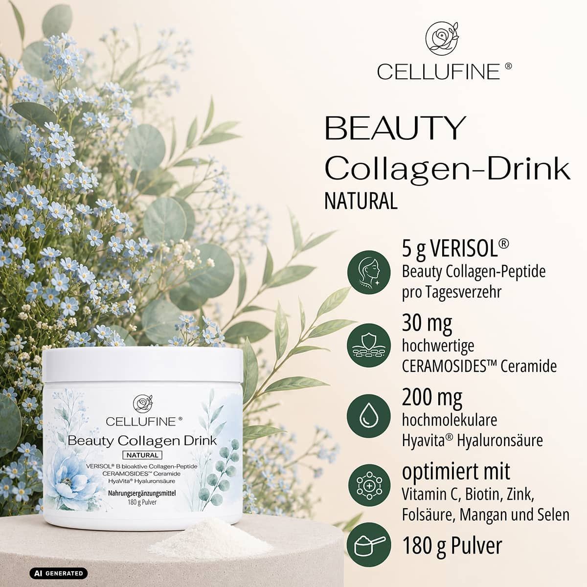 Dose Cellufine Beauty Collagen Drink mit floralem Design. 180g Pulver. Enthält Verisol, Ceramosides, Hyaluron.