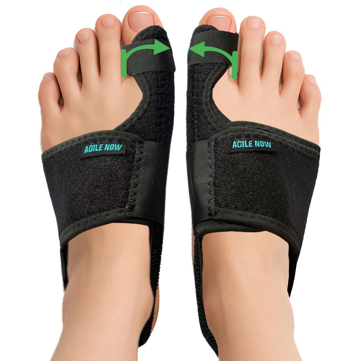 Zwei Füße mit schwarzen AGILE NOW Hallux Valgus Bandagen. Pfeile zeigen die Korrektur an. Schwarze Bandagen mit Klettverschluss.
