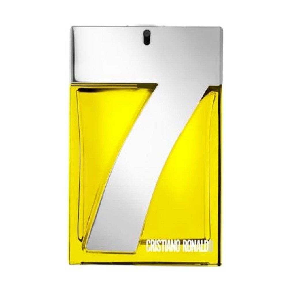 Cristiano Ronaldo 7 Eau de Toilette Flakon mit silbernem "7"-Design und gelbem Inhalt.