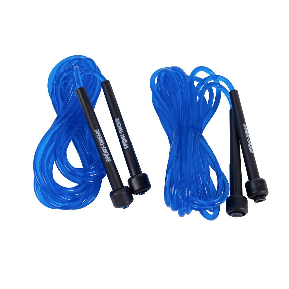 Zwei blaue Springseile mit schwarzen Griffen. Auf den Griffen steht "Sport-Thieme".