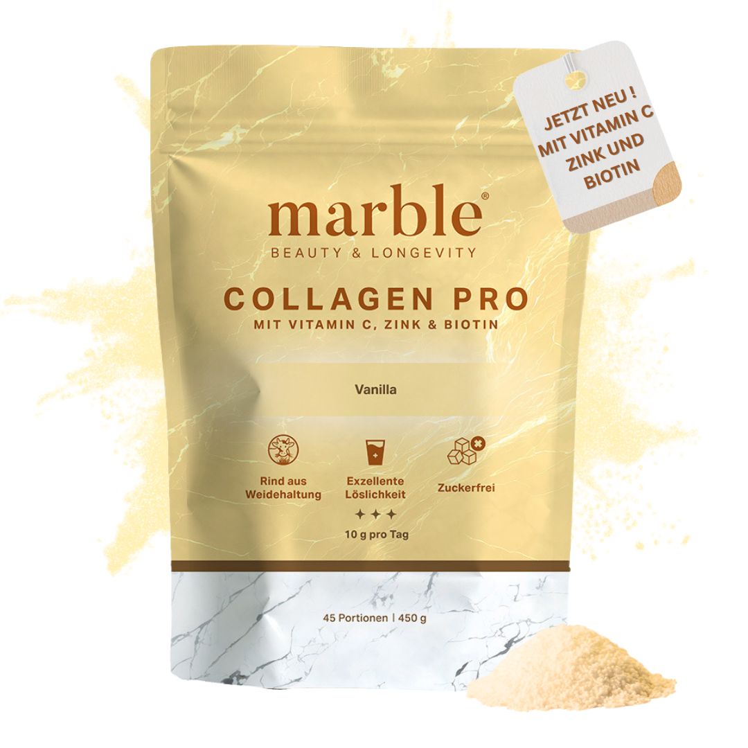 marble© Collagen Pro-Verpackung. Text: Collagen Pro, Vanille, Vitamin C, Zink & Biotin. 45 Portionen, 450g. Pulver daneben.