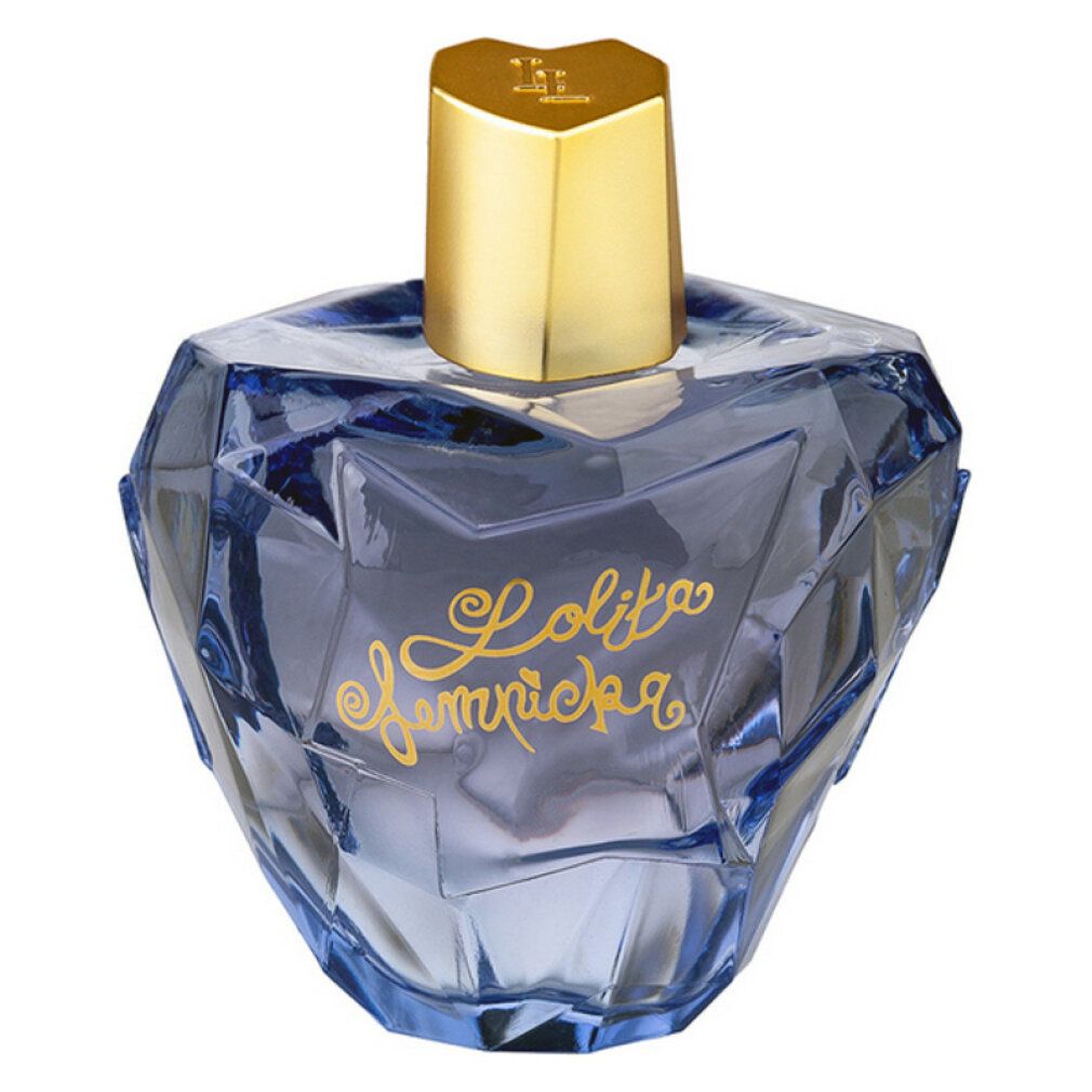 Blauer Flakon mit goldfarbenem Deckel und Schriftzug. Der Flakon hat eine facettierte Form.