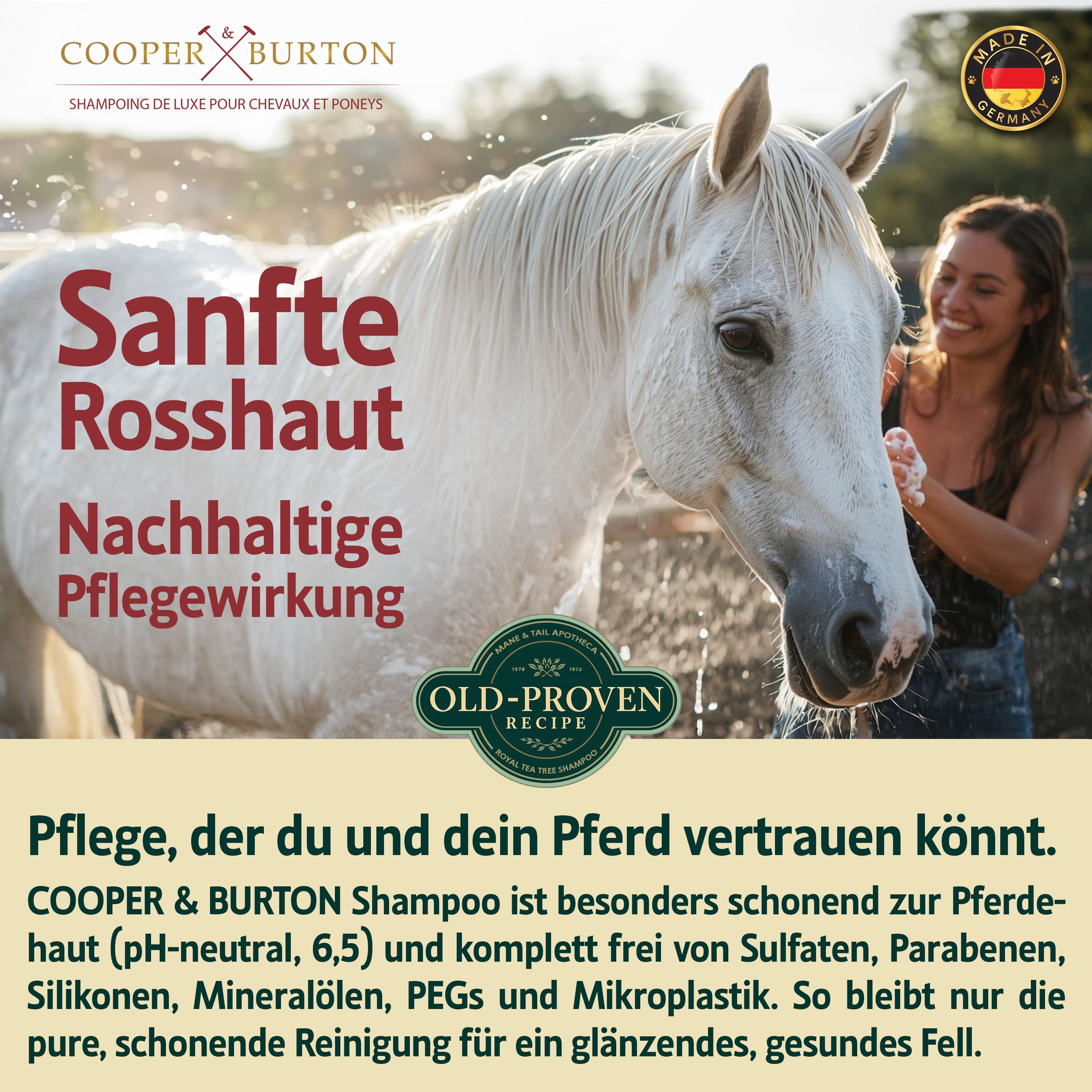 Frau wäscht Pferd. Text: COOPER & BURTON Shampoo. Sanfte Rosshaut. Nachhaltige Pflegewirkung. pH-neutral 6,5. Frei von Sulfaten, Parabenen, Silikonen.