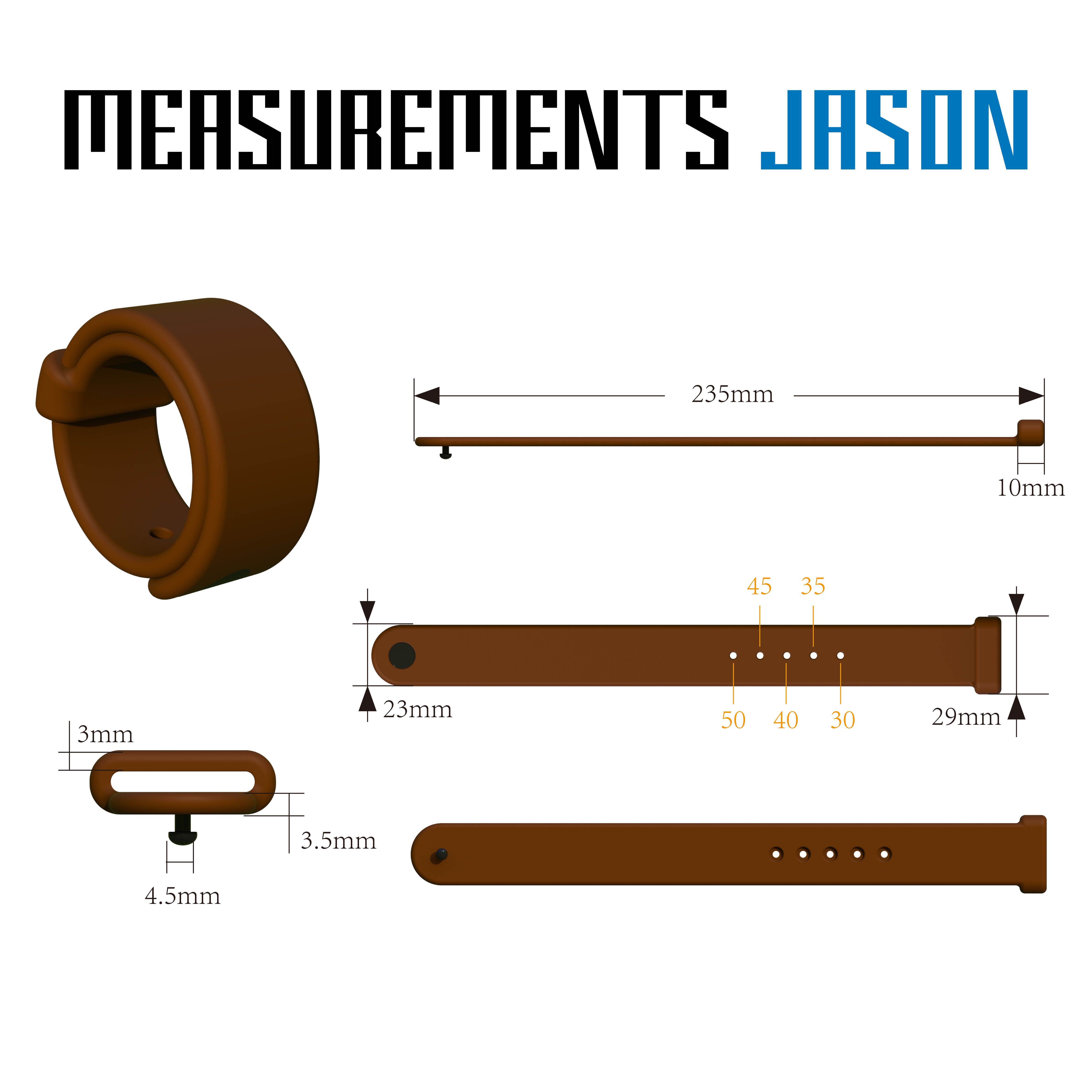 Brauner Penisring aus Silikon. Abmessungen: 235mm lang, 10mm breit. Details: 23mm, 29mm, 3mm, 4.5mm, 3.5mm. Mit Größenmarkierungen.