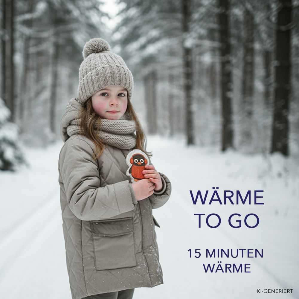 Kind hält ein Pinguin-Wärmekissen im Schnee. Text: Wärme to go.