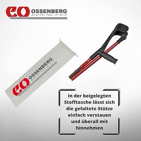 Gehstütze, rot und schwarz, gefaltet. Text: In der beigefügten Stofftasche lässt sich die gefaltete Stütze einfach verstauen.