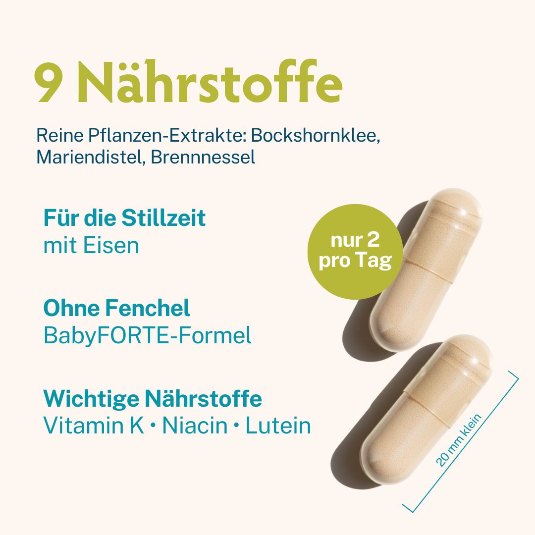 Zwei beige Kapseln. Aufschrift: nur 2 pro Tag. Text: 9 Nährstoffe, Für die Stillzeit mit Eisen, Ohne Fenchel, Wichtige Nährstoffe. Maße: 20 mm.