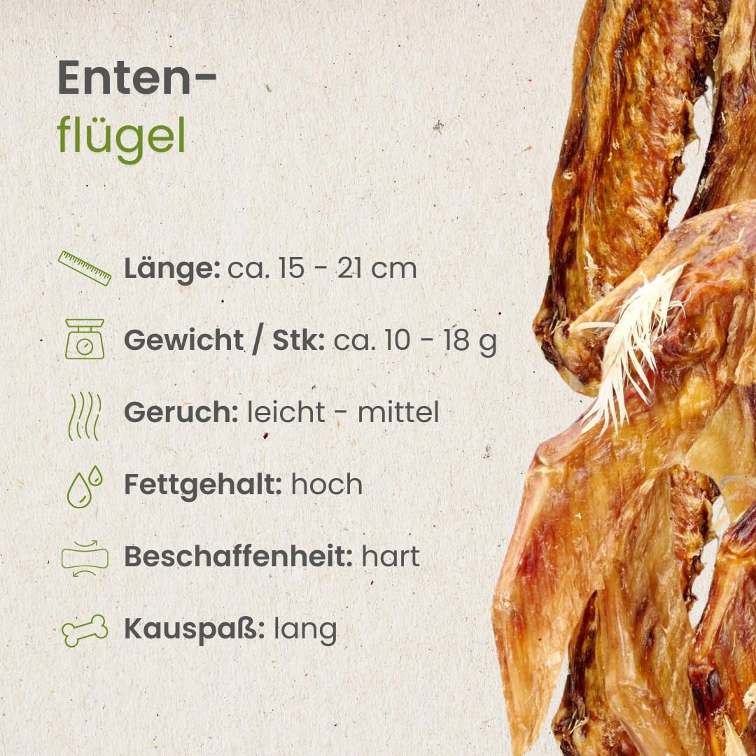Getrocknete Entenflügel als Hundeleckerlis, umgeben von Icons und Text.