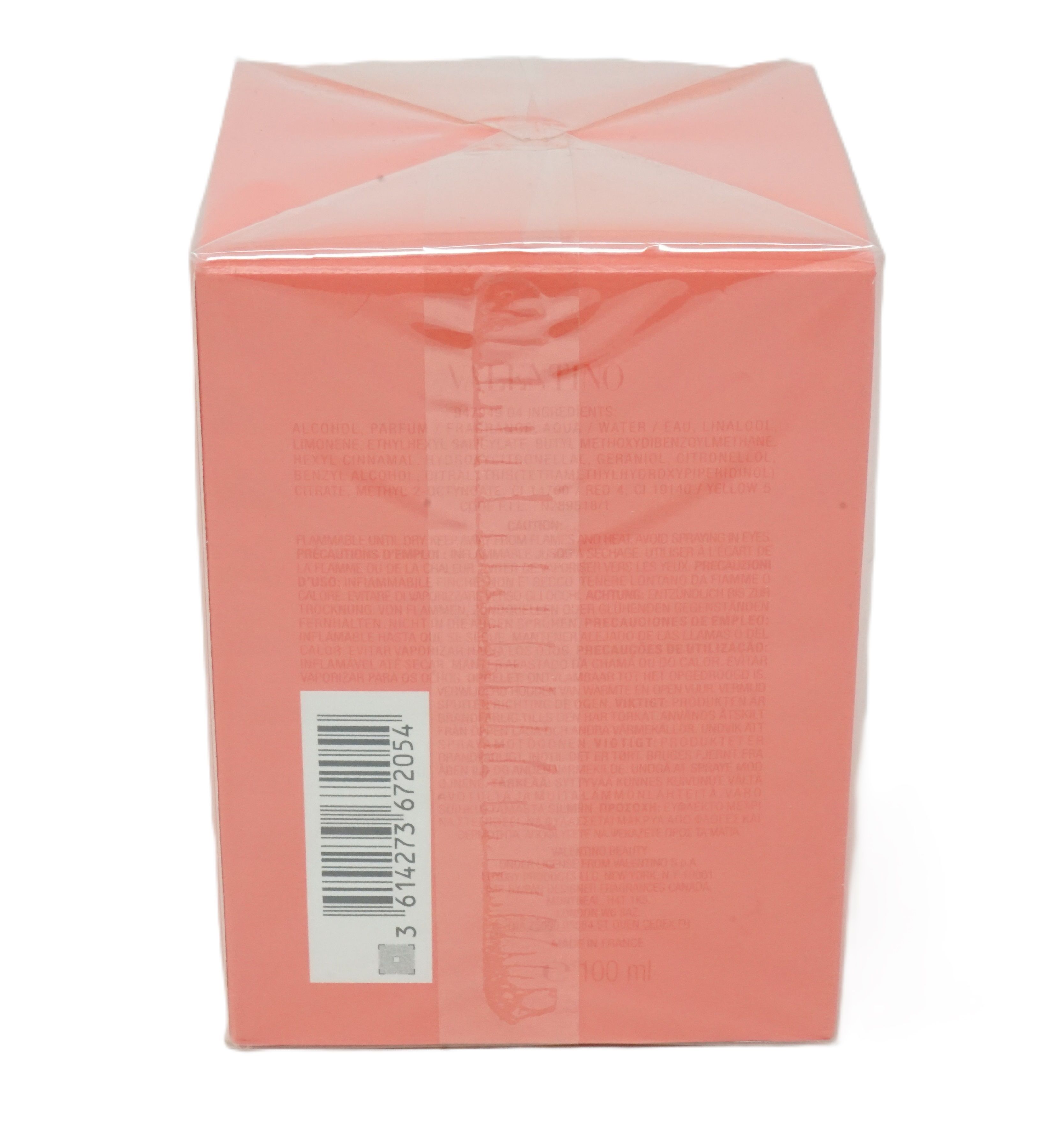 Rückseite einer rosa Schachtel mit Barcode. VALENTINO DONNA Born in Roma Coral Fantasy.