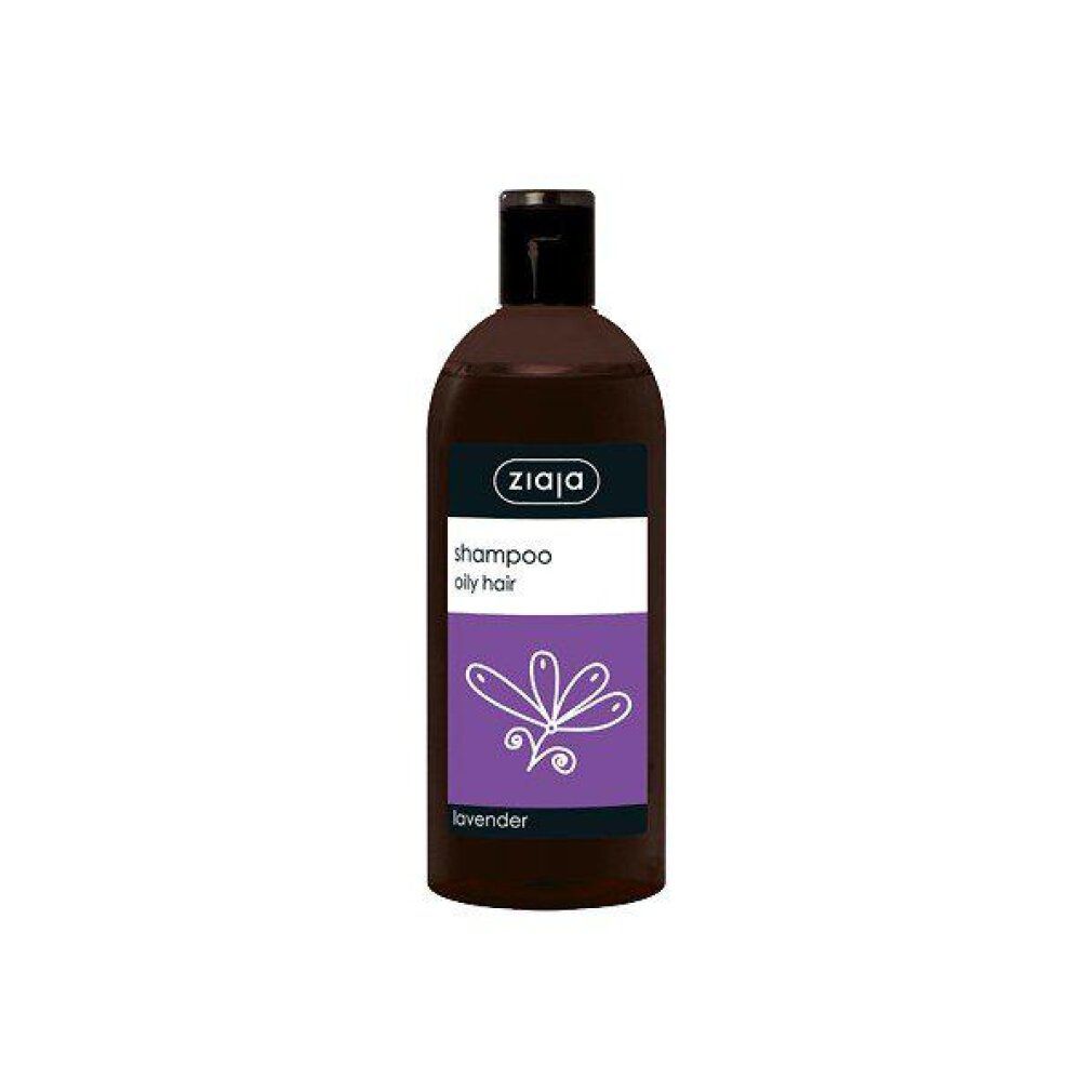 Ziaja Lavanda Shampoo für fettiges Haar. Braune Flasche mit schwarzem Verschluss und lila Etikett mit Lavendelmotiv.