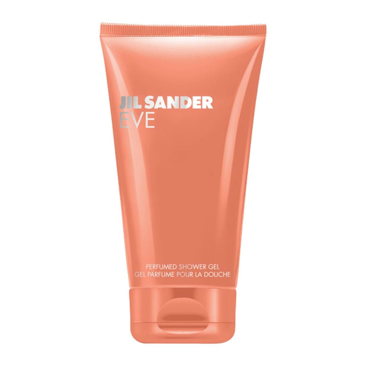 Korallenfarbene Tube mit silbernem Schriftzug Jil Sander Eve. Text: Perfumed Shower Gel, Gel Parfume Pour La Douche.