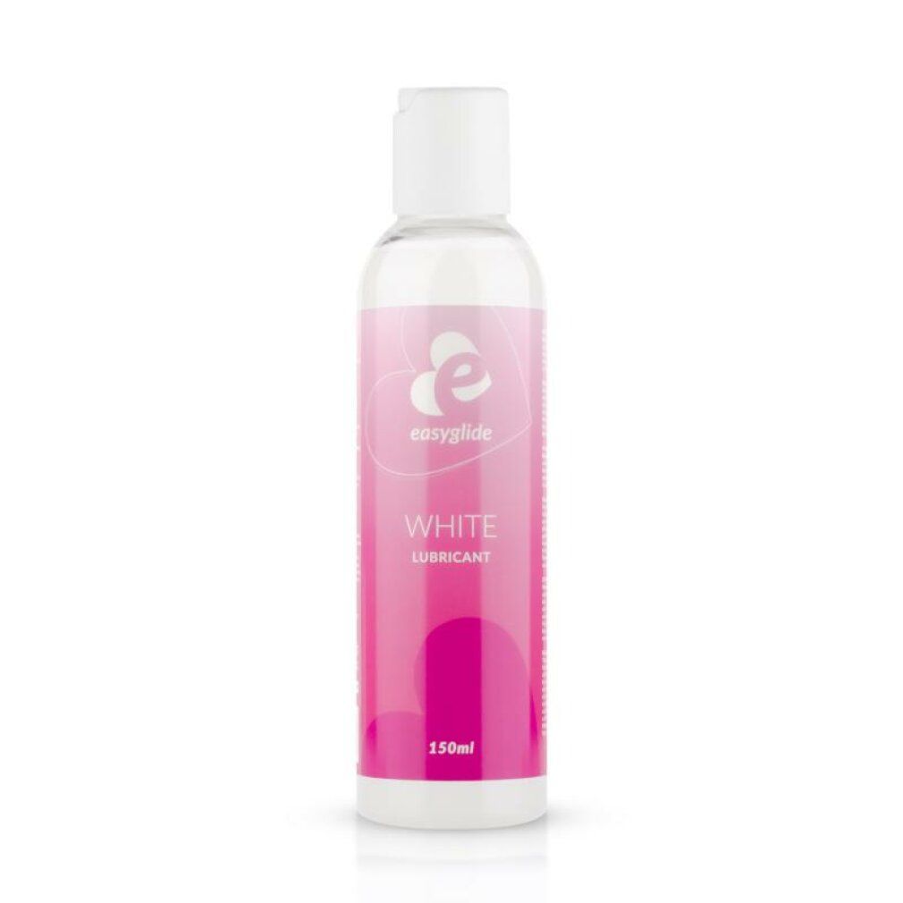 Transparente Flasche mit weißem Deckel. Rosa Etikett mit "easyglide", "WHITE LUBRICANT" und 150ml. Aufschrift.
