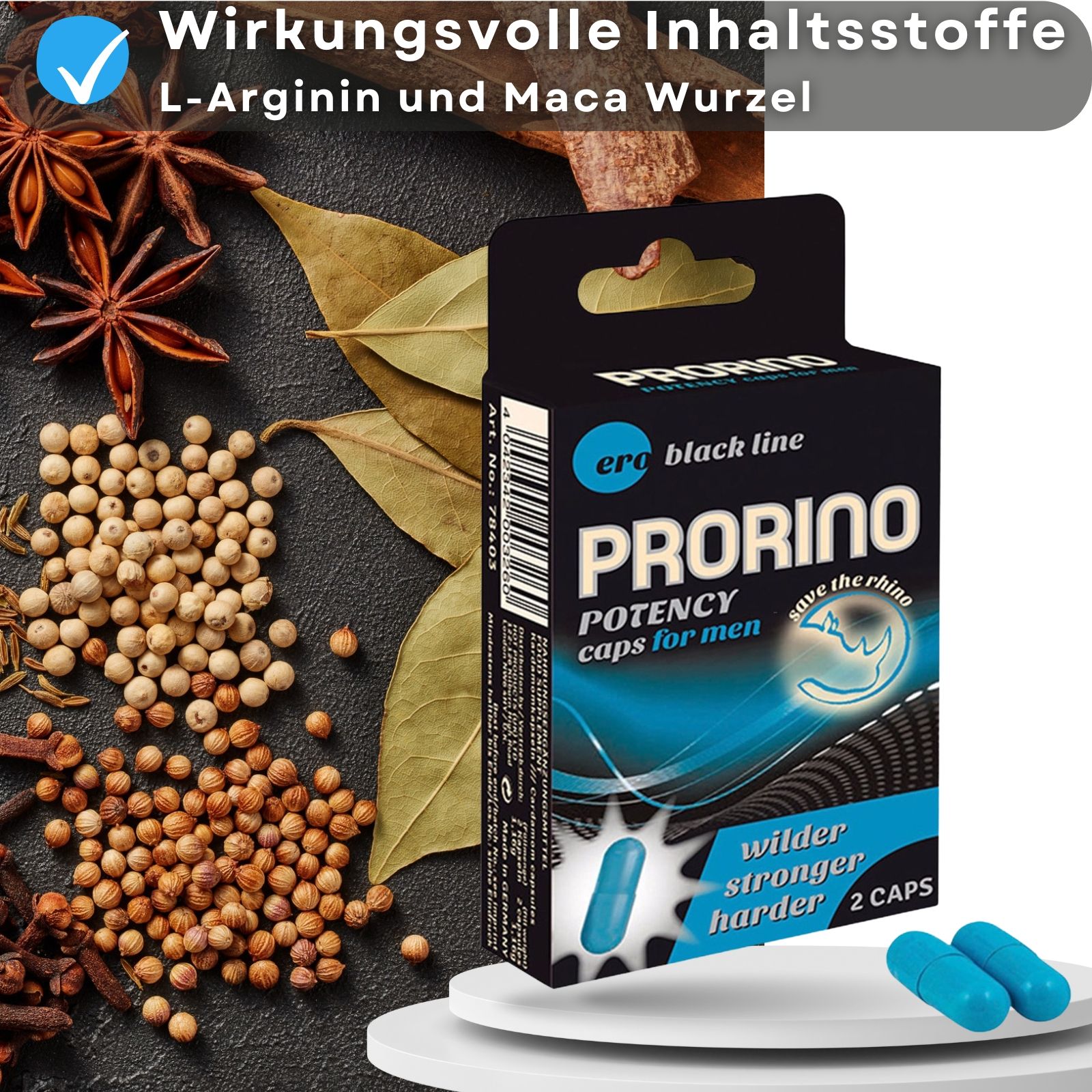 Produktverpackung und blaue Kapseln. Text: Prorino, Potency caps for men, 2 caps. Zutaten im Hintergrund.