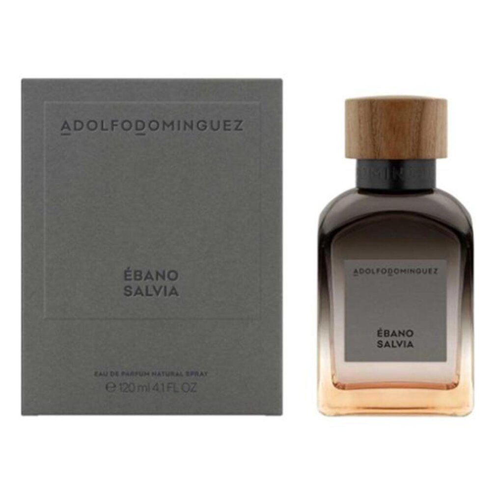 Parfümflakon und Schachtel. Aufschrift: Ébano Salvia, Adolfo Dominguez. Flakon mit Holzverschluss. Schachtel grau.