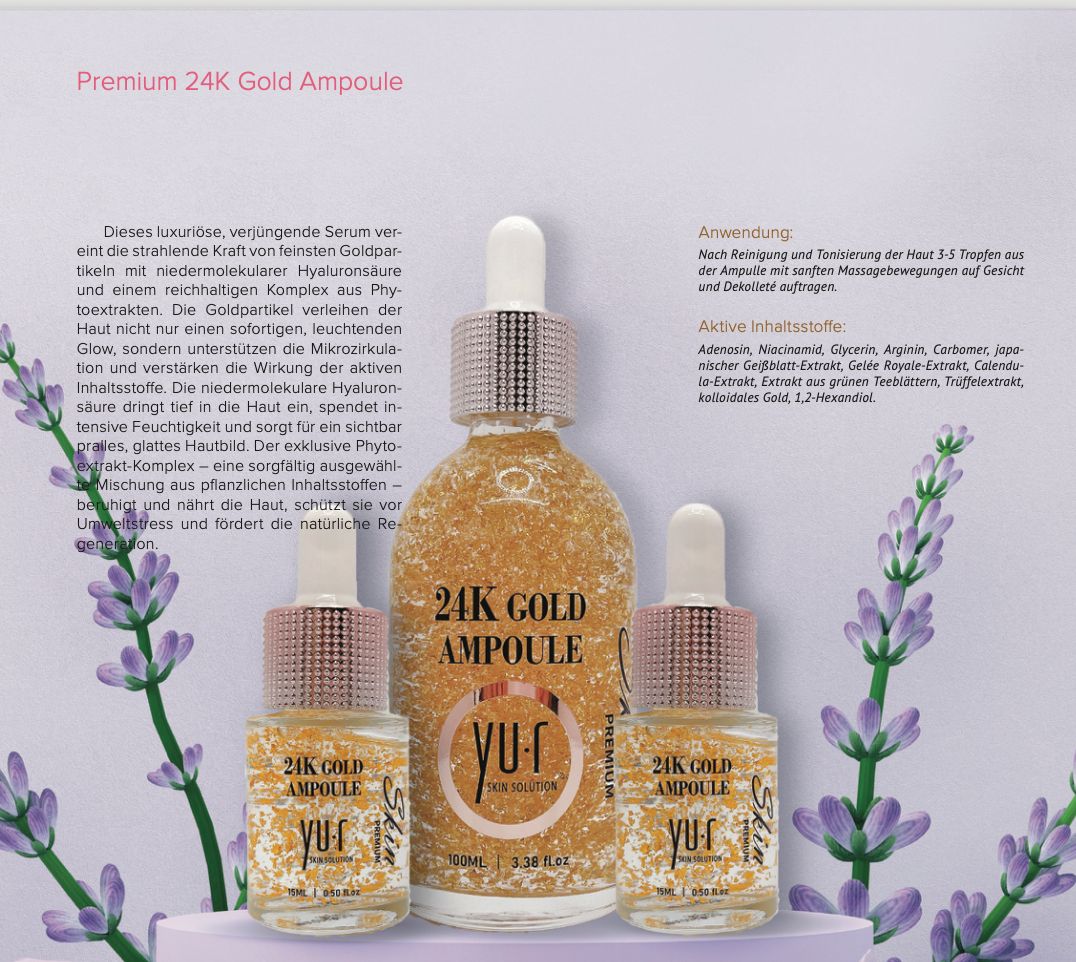 Drei Serumflaschen mit Goldflocken. Aufschrift: 24K Gold Ampoule, Yu.R Skin Solution. Hintergrund mit Lavendel.