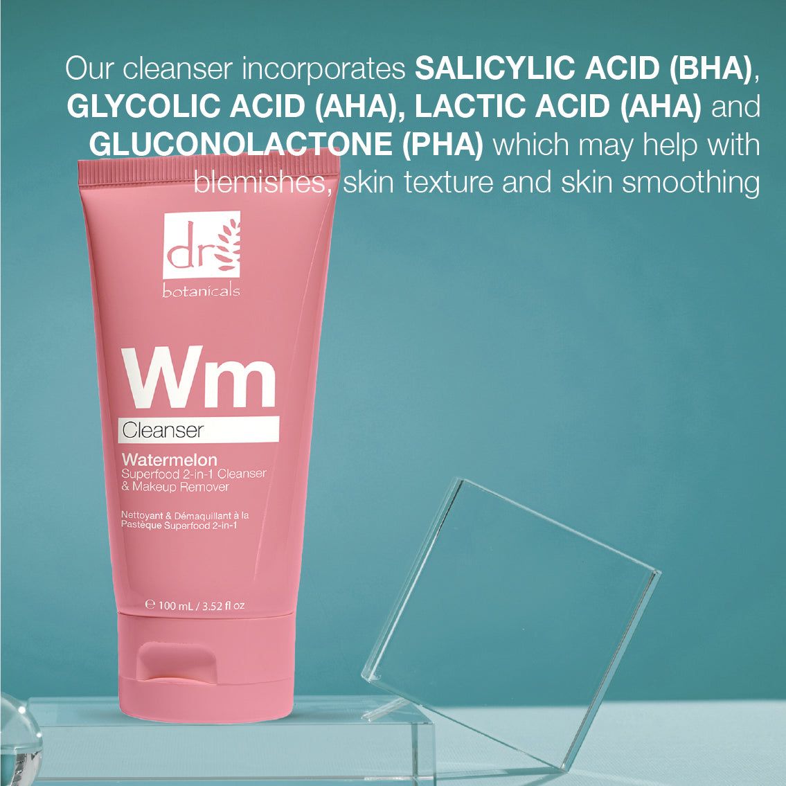 Rosa Tube mit "dr botanicals"-Logo und "Wm Cleanser". Aufschrift: "Watermelon Superfood 2-in-1". Text über Inhaltsstoffe.