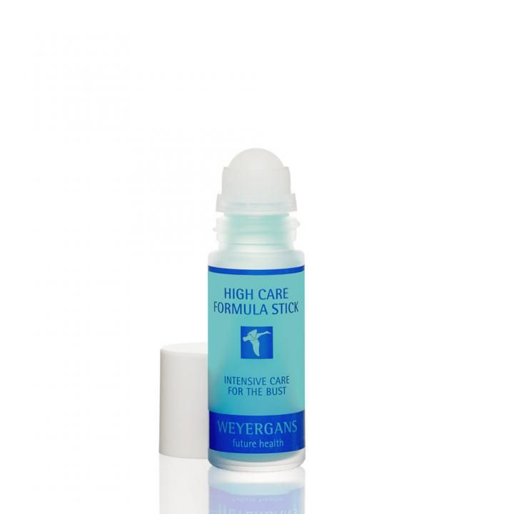Blau-grüner Roll-on-Stick mit weißem Deckel. Aufschrift: High Care Formula Stick, Intensive Care for the Bust, Weyergans future health.