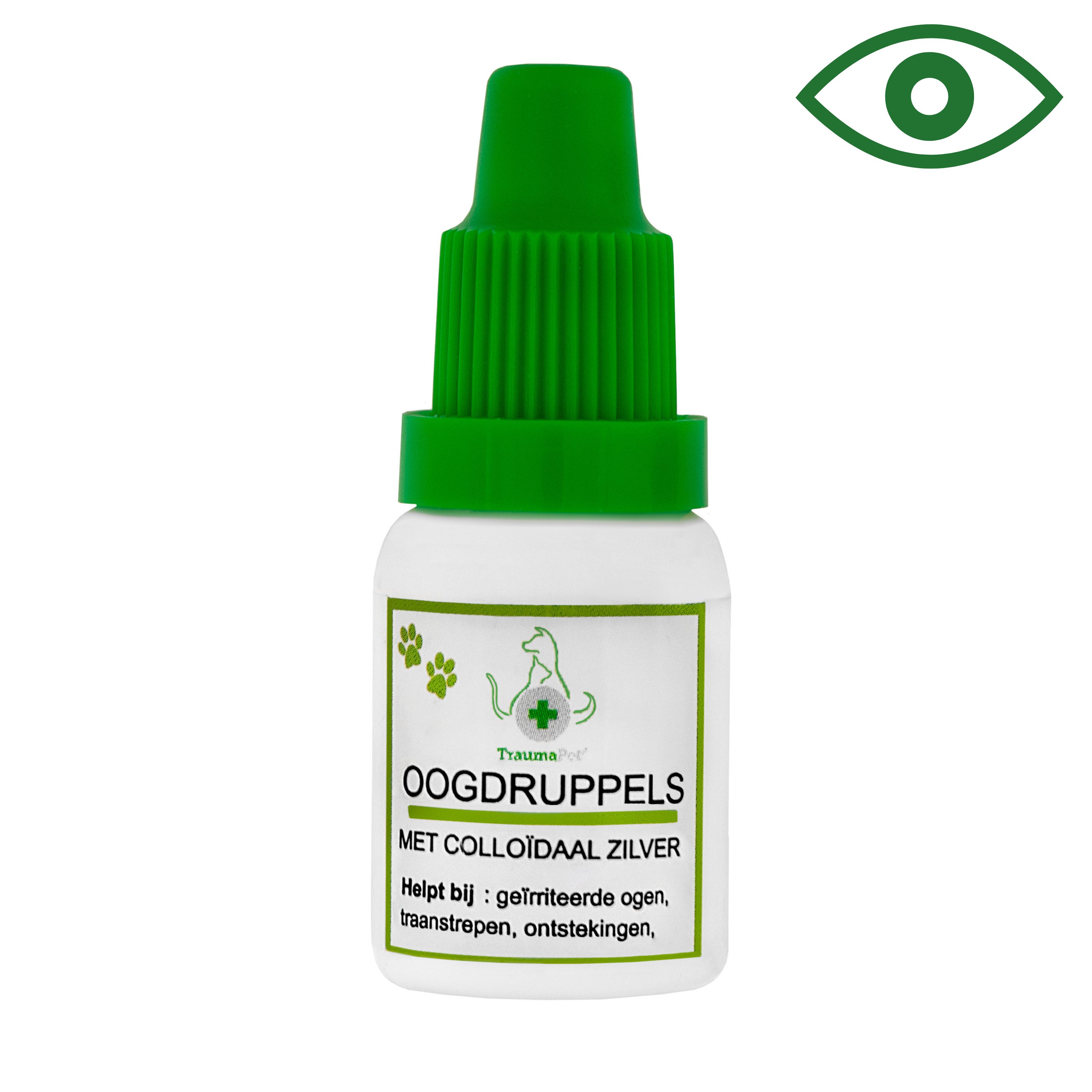 Oogdruppelfles met groene dop. Opschrift: Oogdruppels met colloïdaal zilver. Helpt bij: geïrriteerde ogen, traanstrepen, ontstekingen.