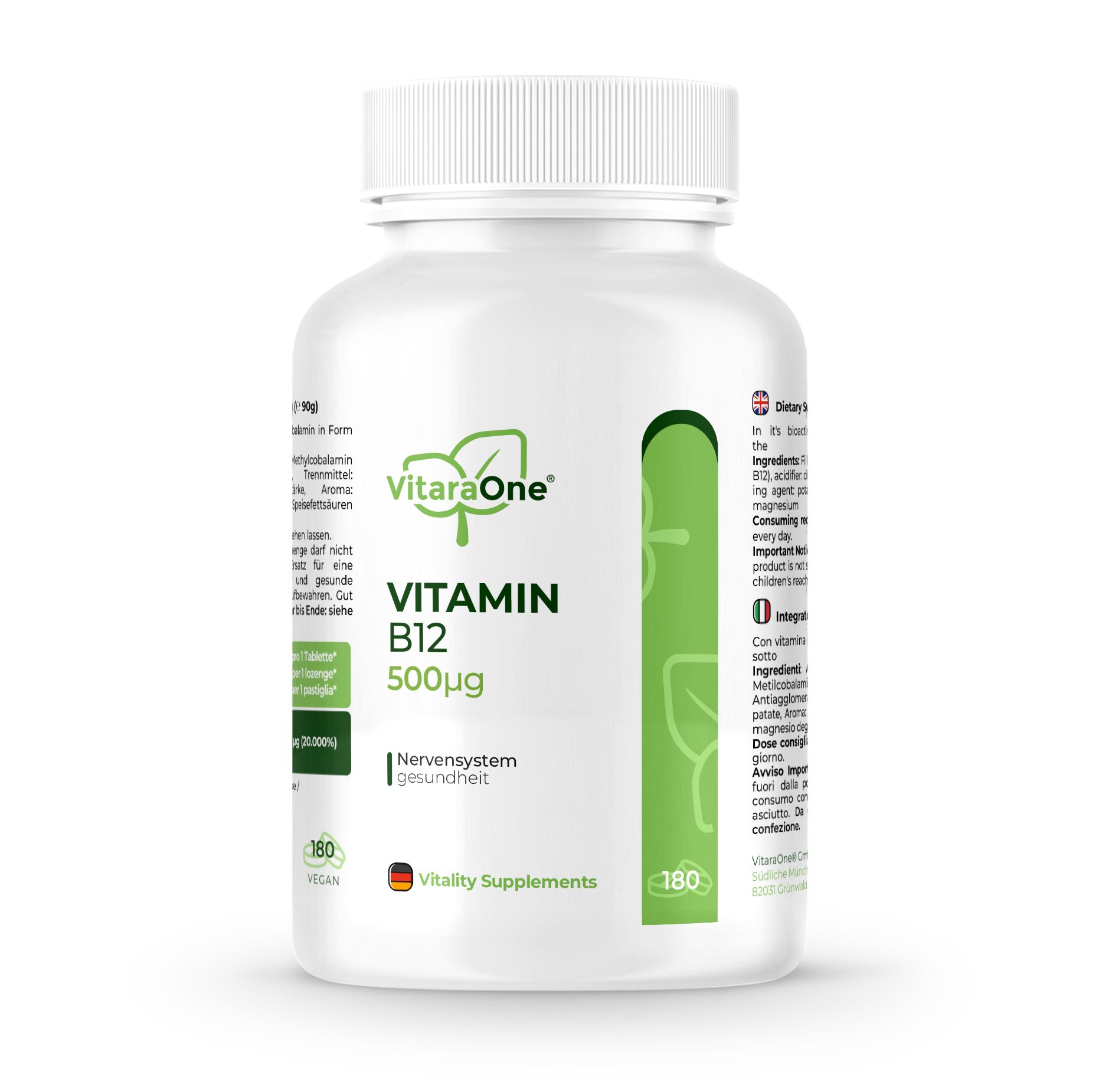 Weiße Flasche mit grünem Etikett. Enthält Vitamin B12. Aufschrift: VitaraOne, Vitamin B12 500µg. 180 Tabletten.