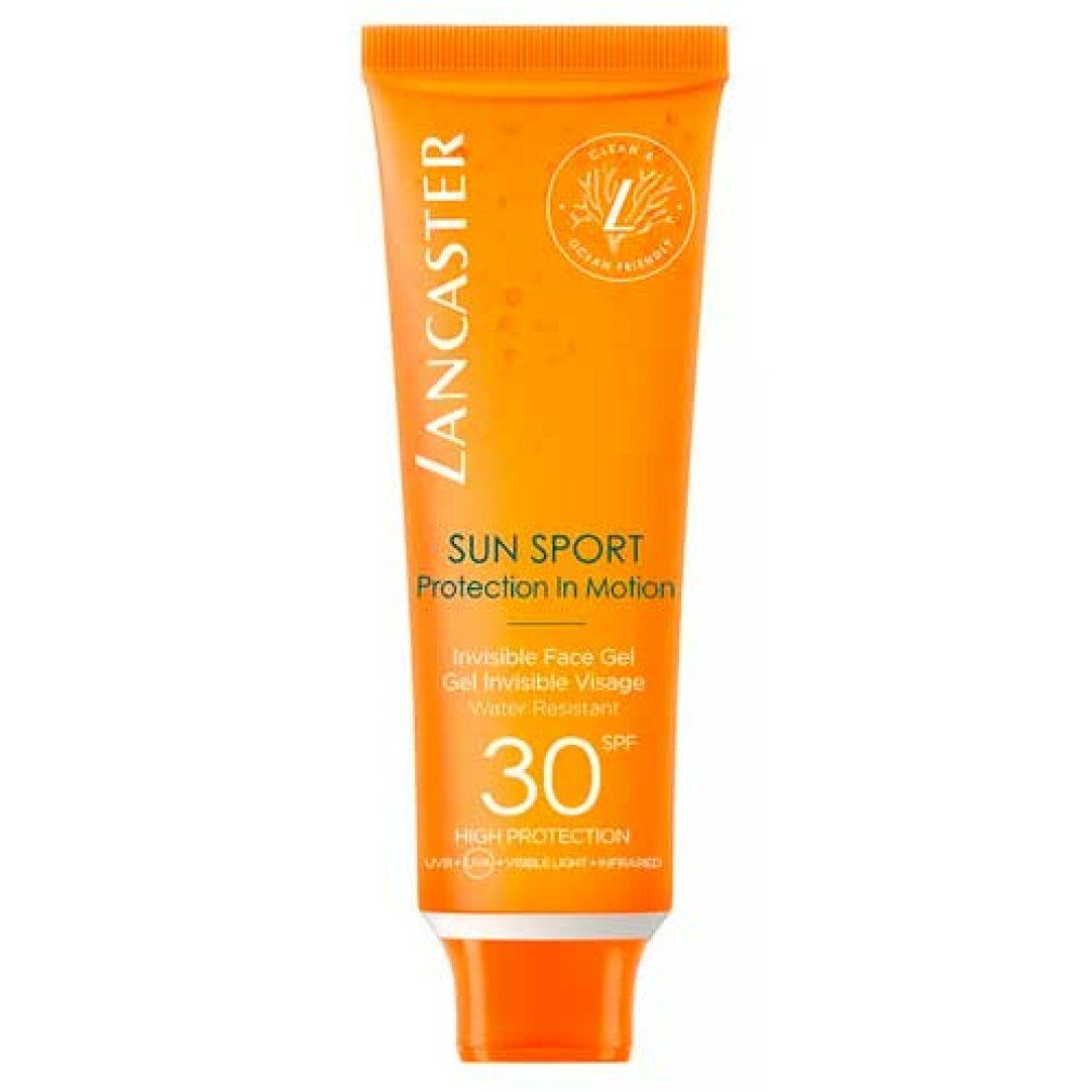 Orange Tube Lancaster Sun Sport Invisible Face Gel SPF30. Vegan-Formel. Wasserfest.