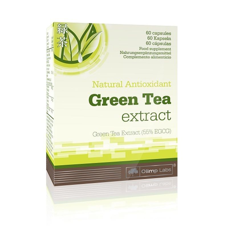 Verpackung mit Green Tea Extract. Enthält 60 Kapseln. Aufschrift: Natural Antioxidant. Marke: Olimp Labs.