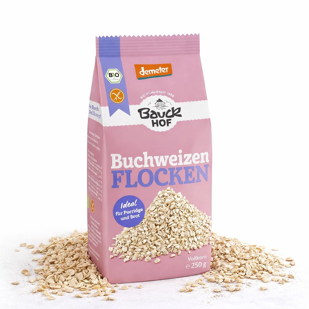 Packung Bauckhof Buchweizenflocken, 250g. Bio und Demeter zertifiziert. Ideal für Porridge und Brot.