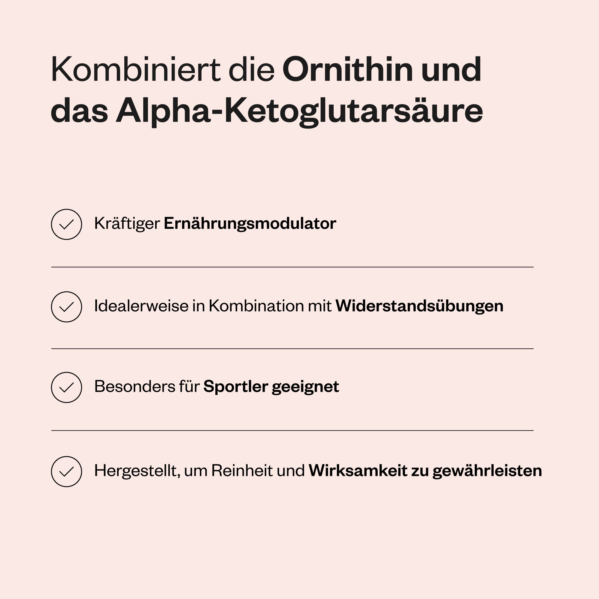 Text auf rosa Hintergrund. Kombiniert Ornithin und Alpha-Ketoglutarsäure. Vorteile: Ernährungsmodulator, für Sportler geeignet.