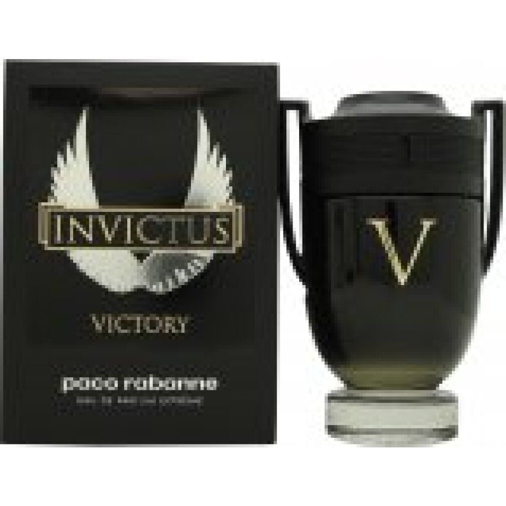 Schwarzer Flakon und Schachtel. Flakon in Pokalform mit goldenem "V". Schachtel mit "Invictus Victory"-Logo.