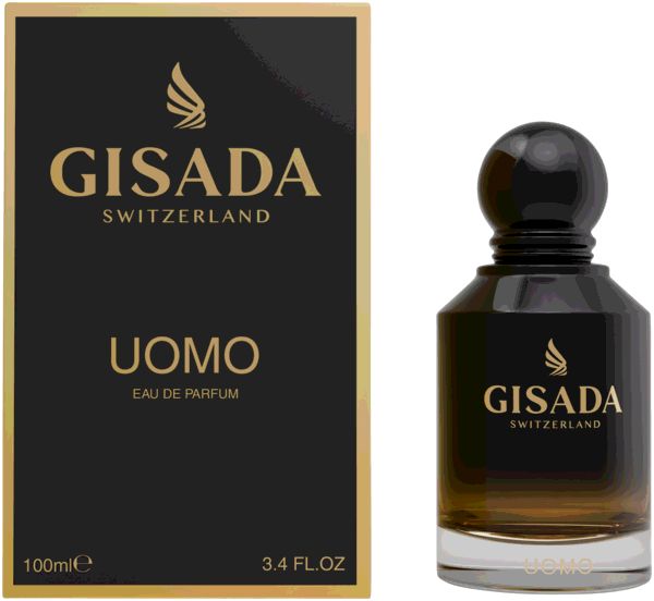 Produktverpackung und Flakon. Schwarze Schachtel mit goldenem Schriftzug "GISADA SWITZERLAND" und "UOMO". Flakon daneben.