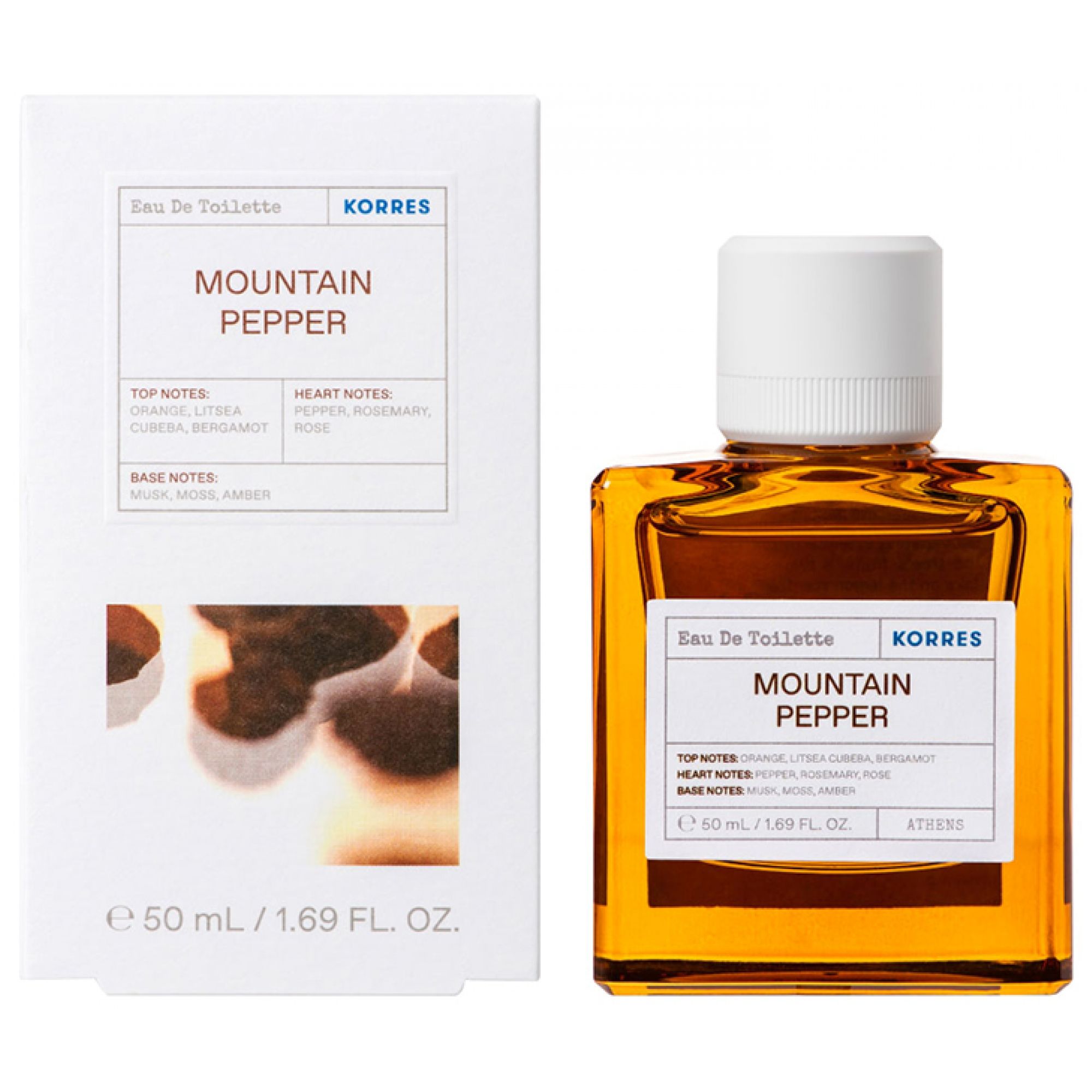 Korres Eau de Toilette Mountain Pepper Flakon und Verpackung.