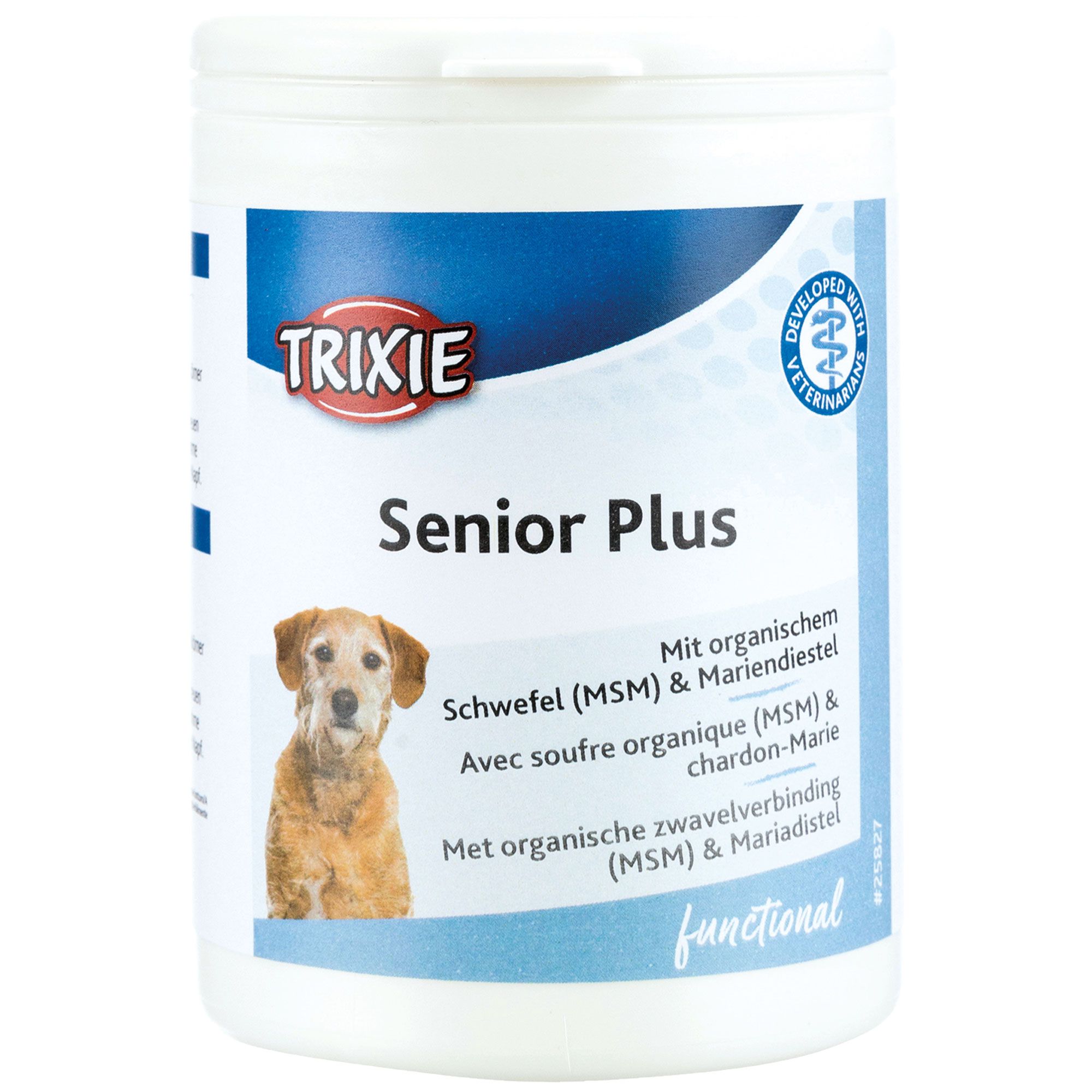 Weiße Dose mit blauem Etikett. Aufschrift "TRIXIE Senior Plus". Abbildung eines Hundes. Text: "Mit organischem Schwefel (MSM) & Mariendistel".