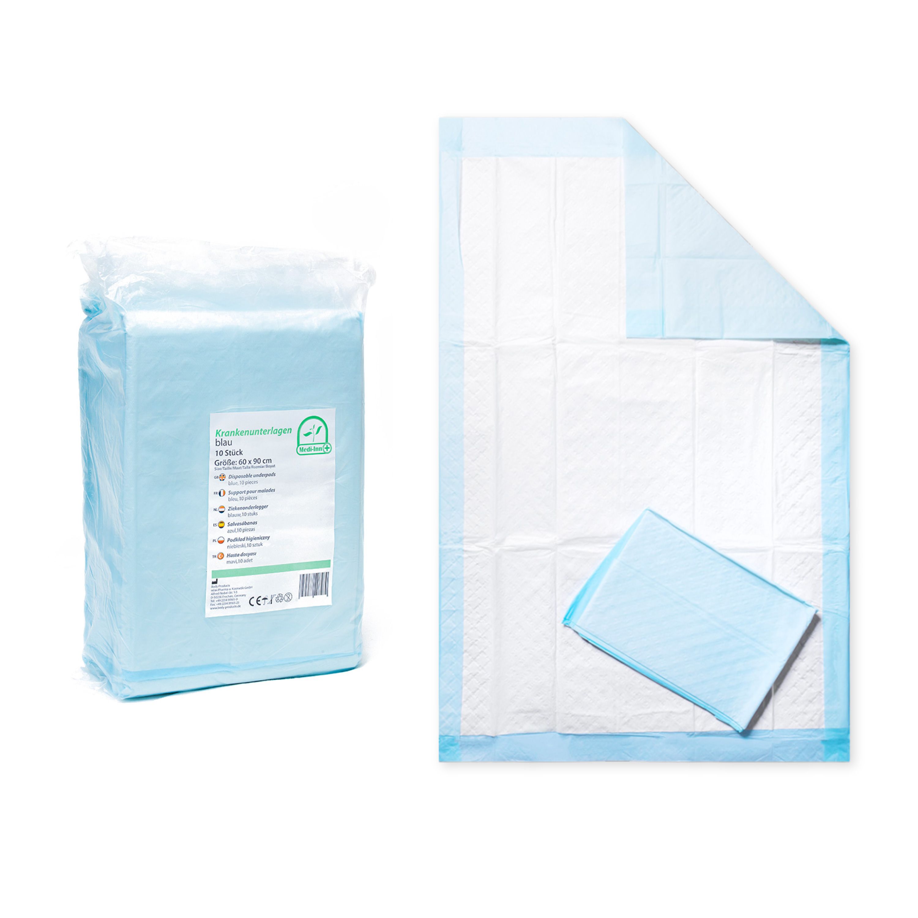 Packung Krankenunterlagen, blau-weiß. Einzelne Unterlage daneben. Produktname und Eigenschaften auf der Verpackung.