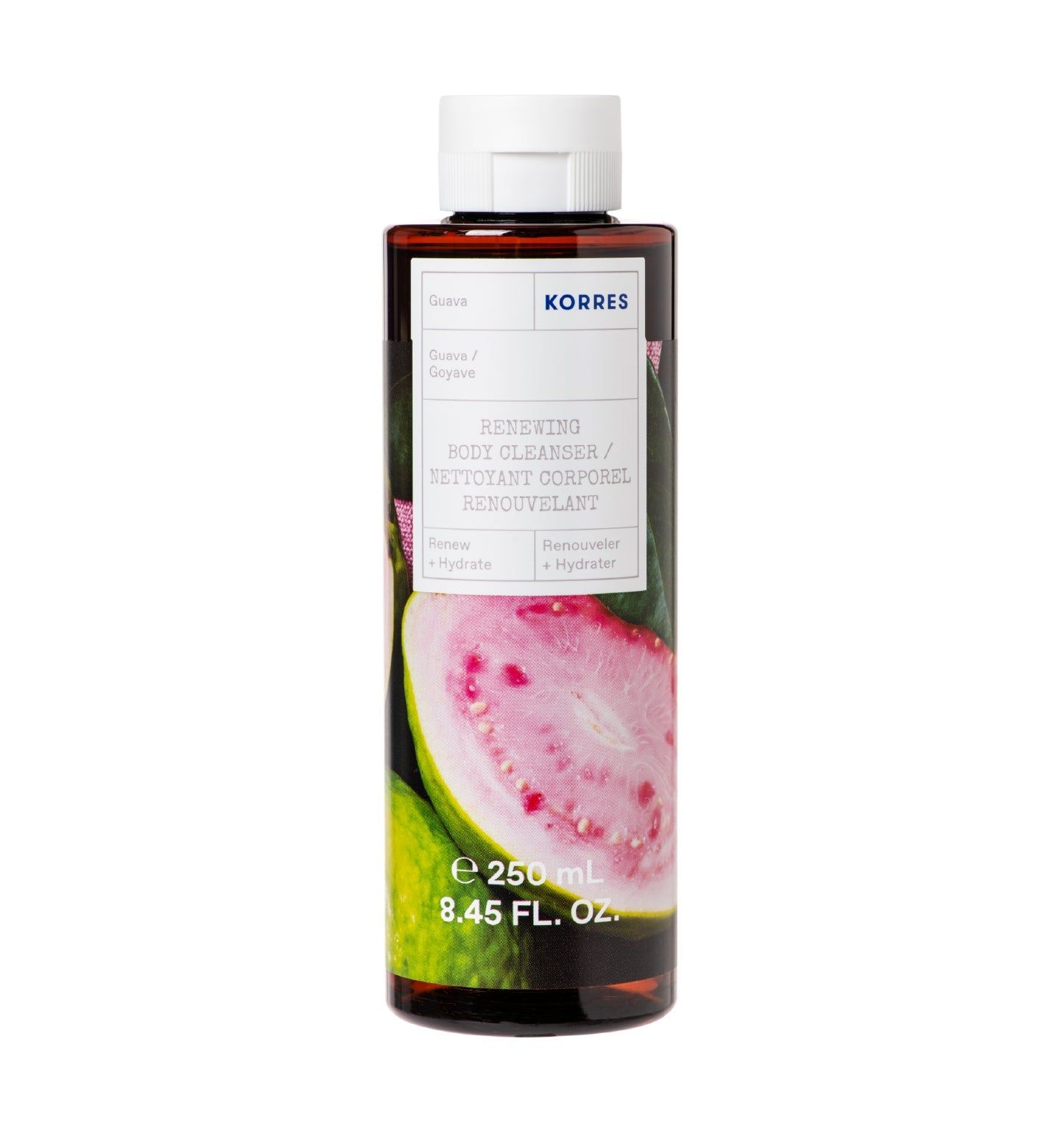 KORRES Duschgel-Flasche mit Guaven-Motiv. Aufschrift: Revitalisierendes Duschgel. 250 ml. 8.45 FL. OZ.