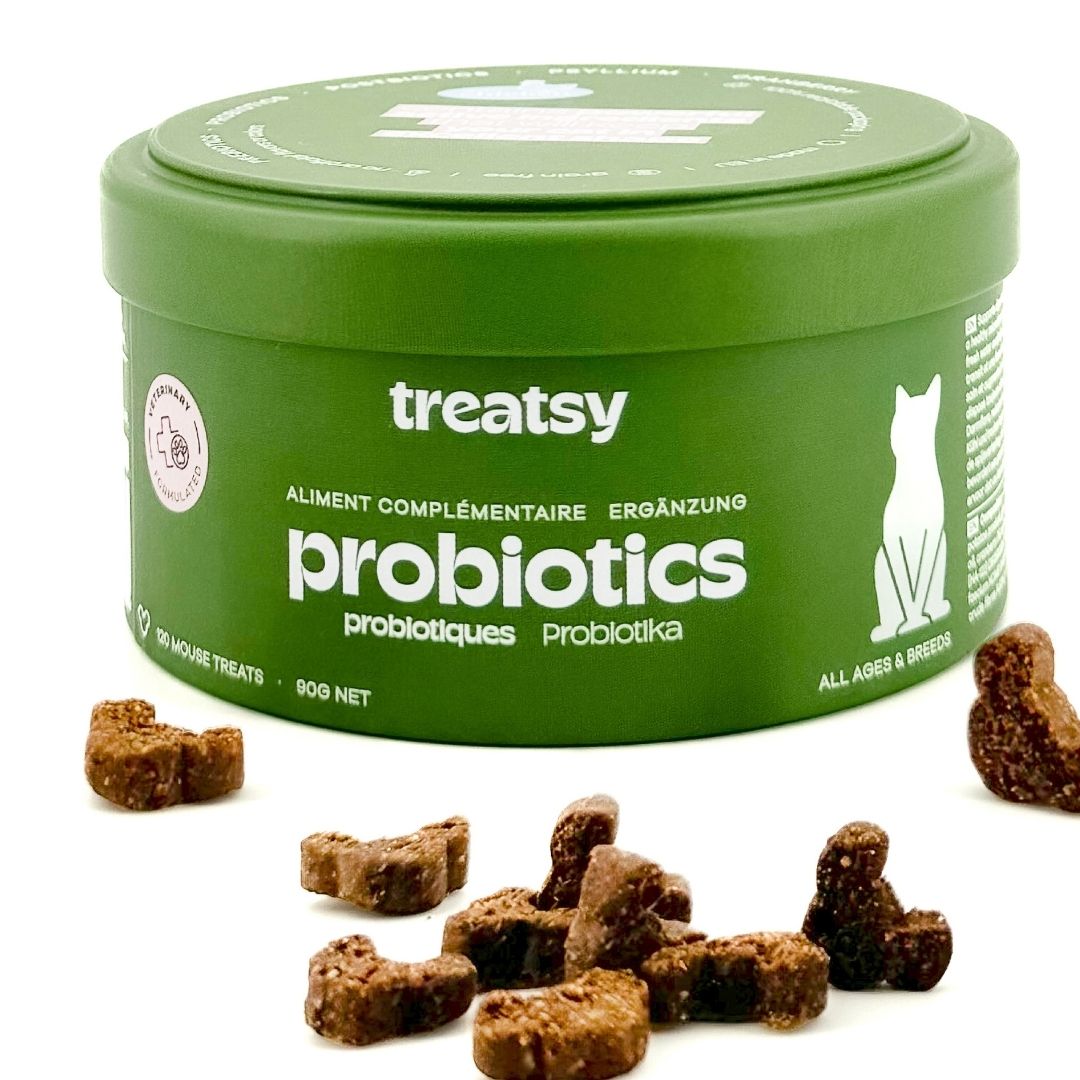 Grüne Dose mit „Treatsy Probiotics“ und Leckerlis. Braune Leckerlis in Form von Mäusen liegen daneben.