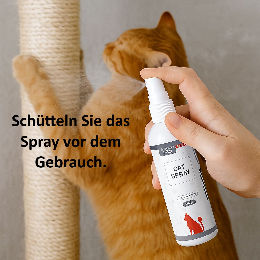 Weiße Sprühflasche mit "CAT SPRAY"-Aufdruck. Roter Katzen-Umriss. Hand sprüht auf Kratzbaum.