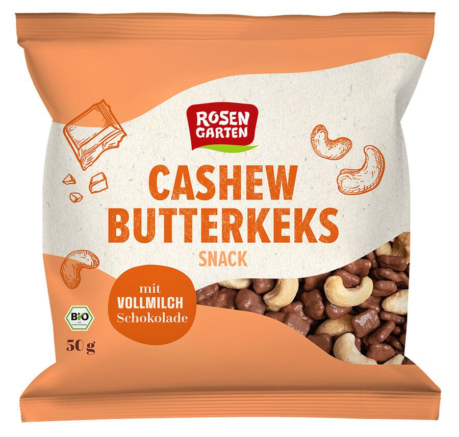 Verpackung von Rosengarten Cashew Butterkeks Snack. Aufdruck: Cashew Butterkeks Snack mit Vollmilch Schokolade, Bio-Siegel, 50g.