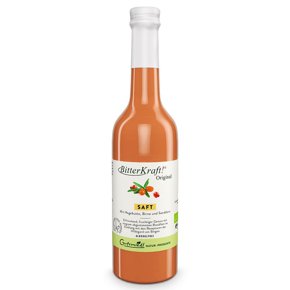 Flasche mit Etikett. Schriftzug "BitterKraft!" und "Original Saft". Bio-Siegel. Inhalt orangefarben.