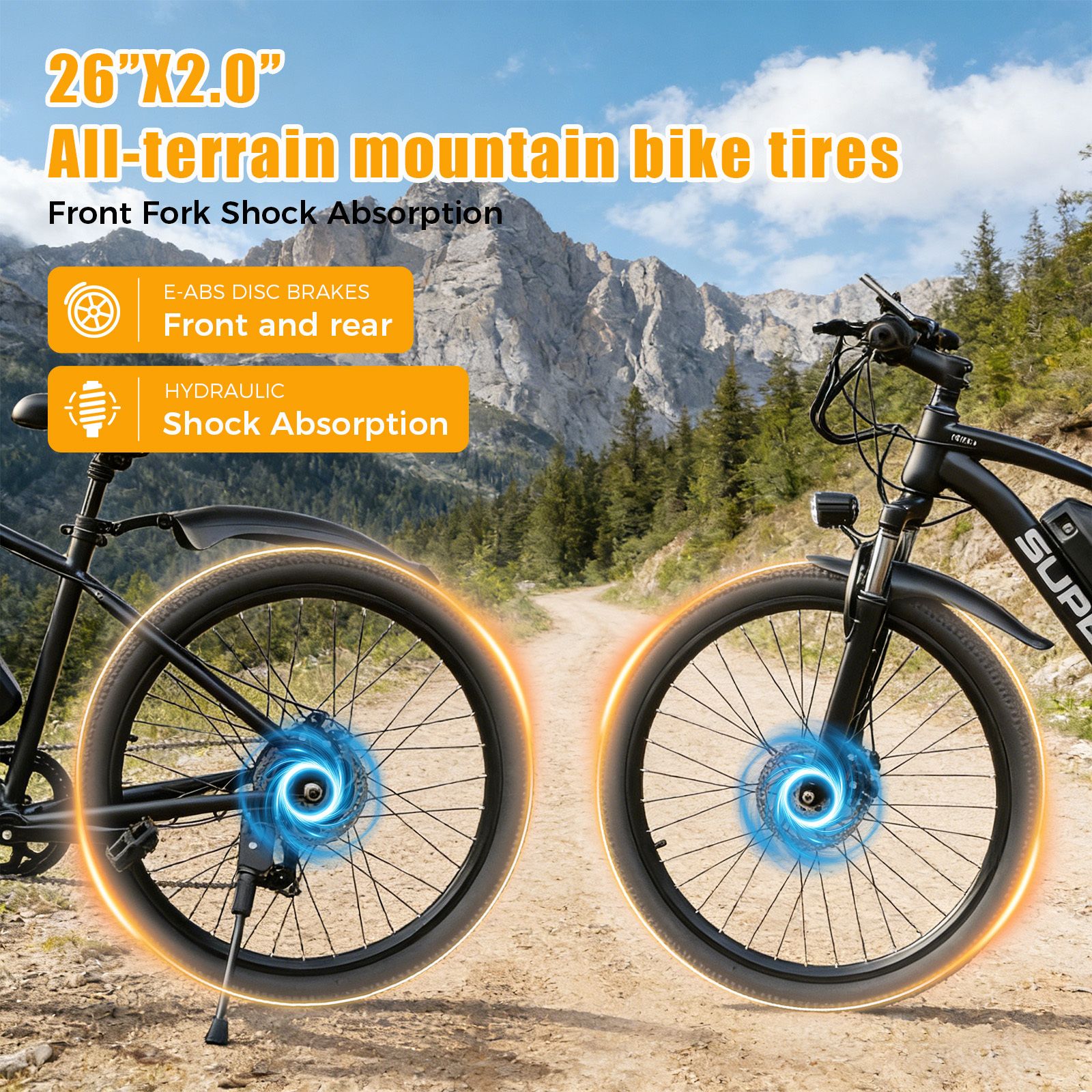 Nahaufnahme der Räder eines E-Bikes. Text: 26"X2.0" All-Terrain-Reifen, E-ABS-Scheibenbremsen, hydraulische Stoßdämpfung.