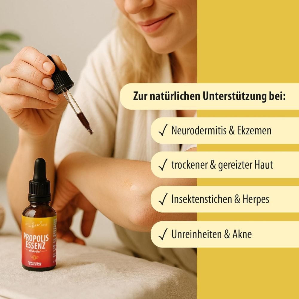 Braune Flasche mit Tropfer und Etikett. Daneben Text mit Aufzählungen zu Anwendungsbereichen. Frau hält Flasche und Tropfer.