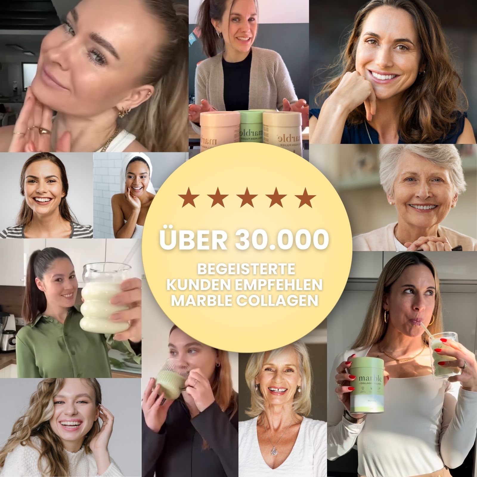 Collagen-Produkt. Collage von Frauen, die Getränke trinken. Text: Über 30.000 begeisterte Kunden empfehlen marble Collagen. Sterne.