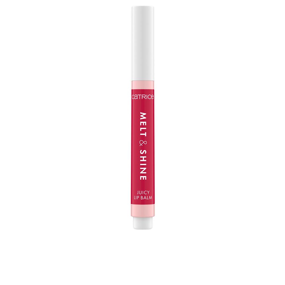 Lippenbalsam in Stiftform. Weißer Deckel, pinkfarbener Stift mit Aufschrift "MELT & SHINE" und "JUICY LIP BALM".
