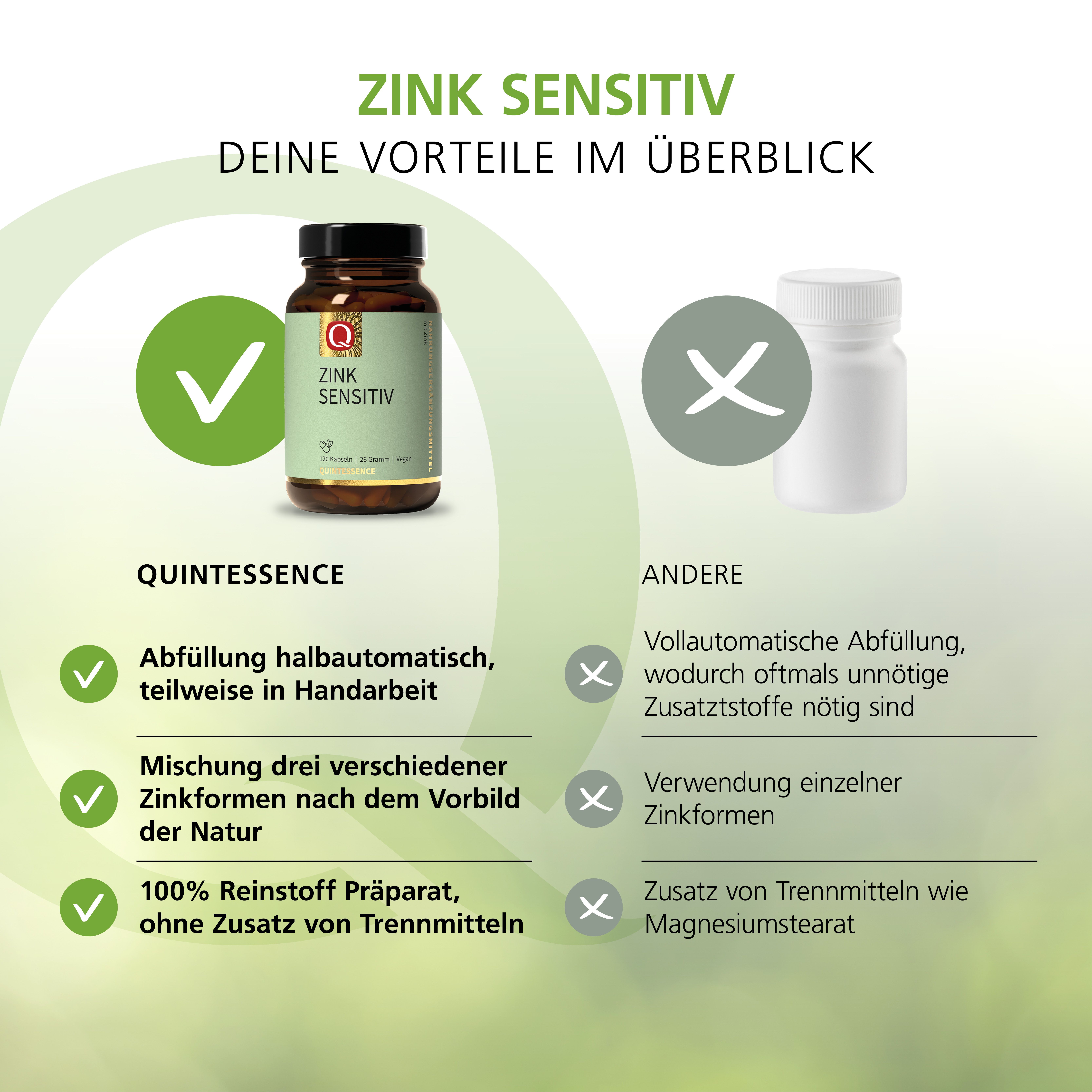 Vergleich: Zink Sensitiv Kapseln von Quintessence vs. andere. Vorteile: halbautomatische Abfüllung, 3 Zinkformen, 100% Reinheit.