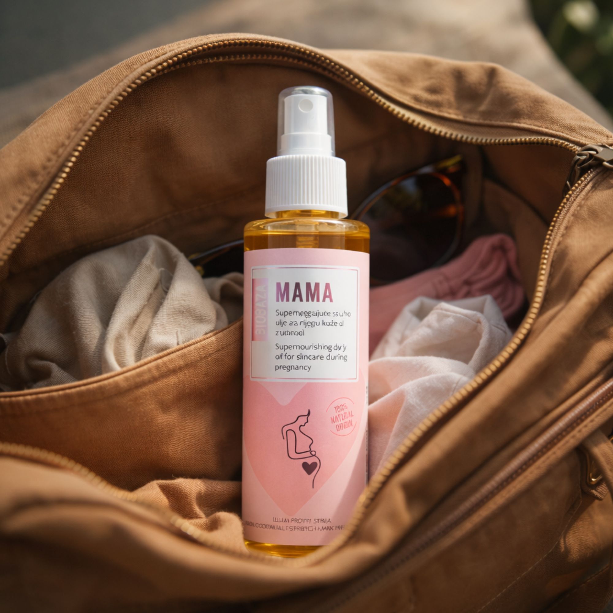 Ölflasche mit Sprühkopf in einer braunen Tasche. Rosa Etikett mit Text. Sonnenbrille und Kleidung im Hintergrund.