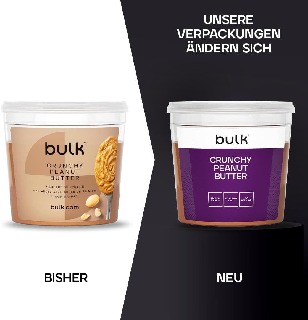 Vergleich von zwei Bulk Erdnussbutter-Behältern. Links: hellbraun, rechts: lila. Text: "Bisher" und "Neu".