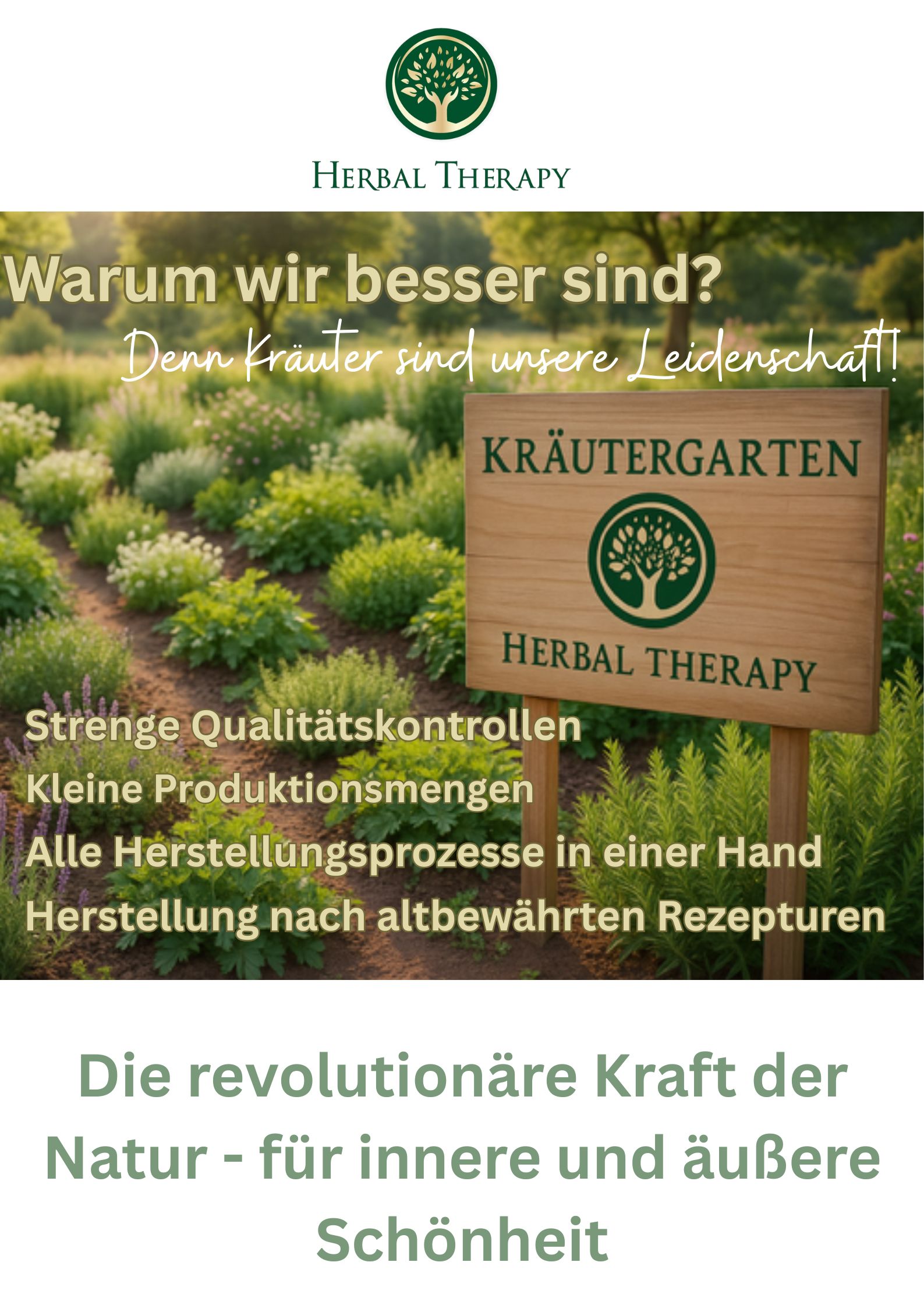 Werbeplakat mit Kräutergarten. Herbal Therapy. Kräutergarten. Strenge Qualitätskontrollen. Weißer Hintergrund.