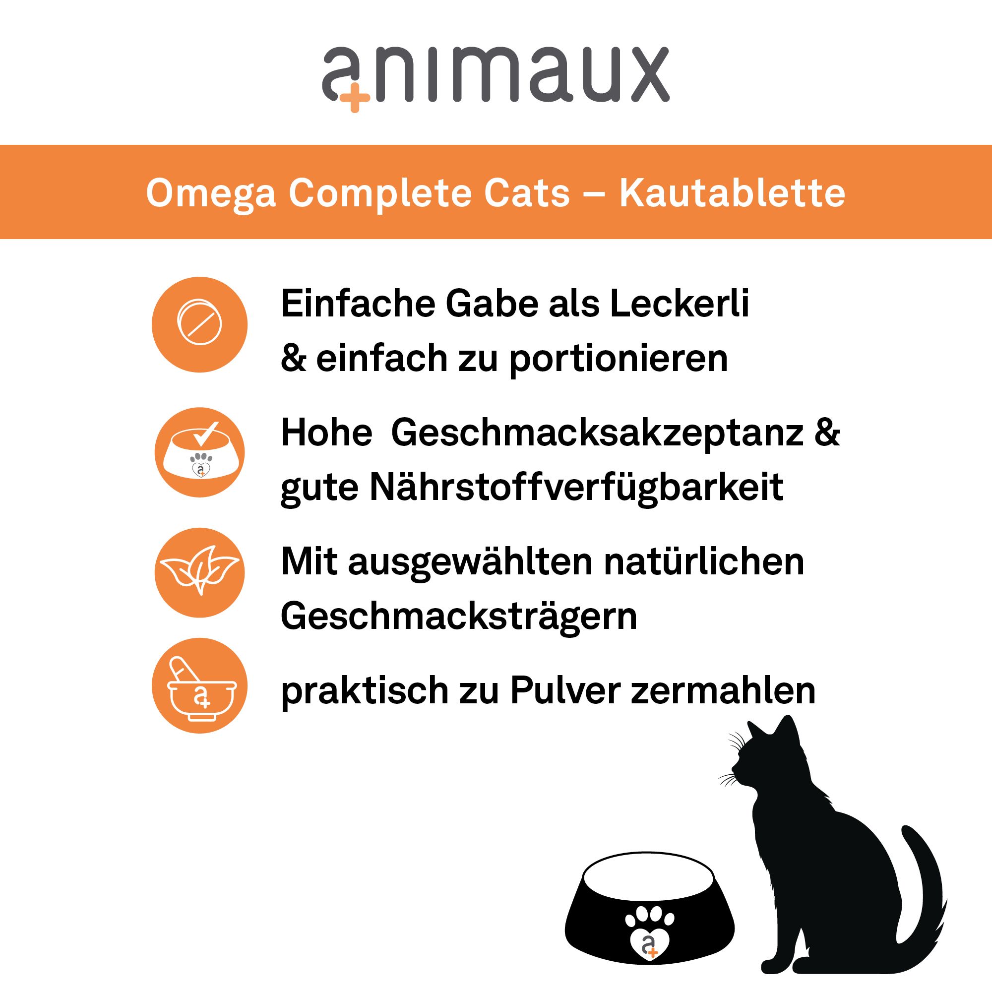 Flasche mit Katzenkautabletten, daneben Vorteile wie "Einfache Gabe als Leckerli", "Hohe Geschmackakzeptanz".
