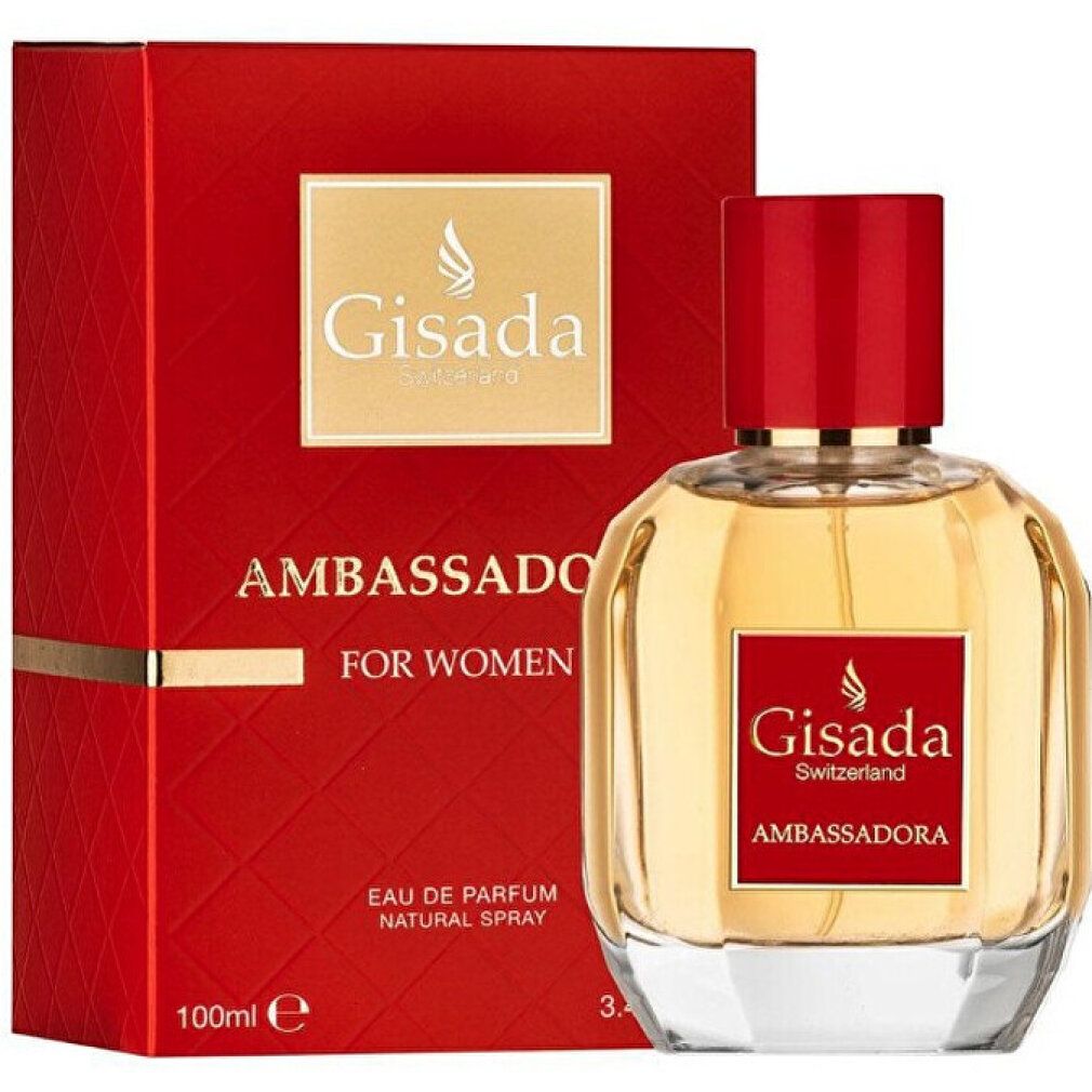 Parfümflakon und rote Verpackung. Aufschrift: Gisada Ambassadora, Eau de Parfum. Für Damen.