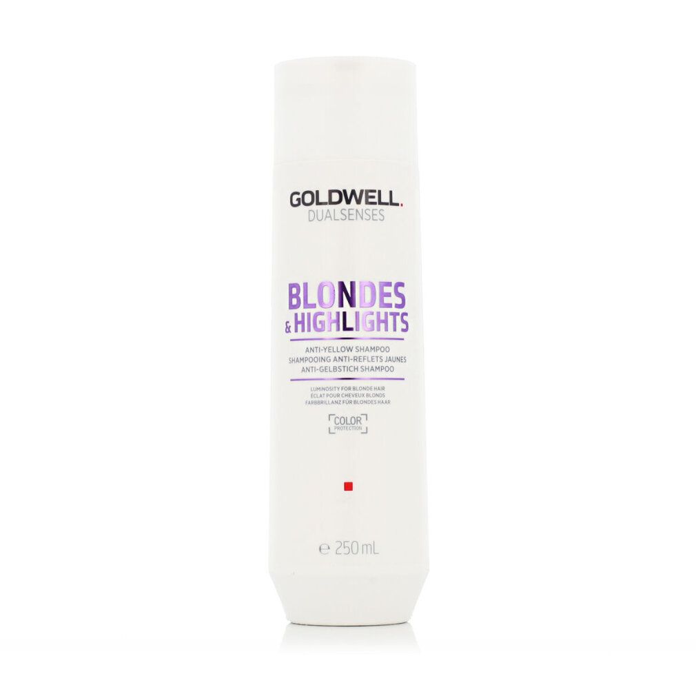 Weißes Shampoo-Flakon mit lila Schriftzug. Goldwell Dualsenses Blondes & Highlights Anti-Gelbstich Shampoo. 250ml.